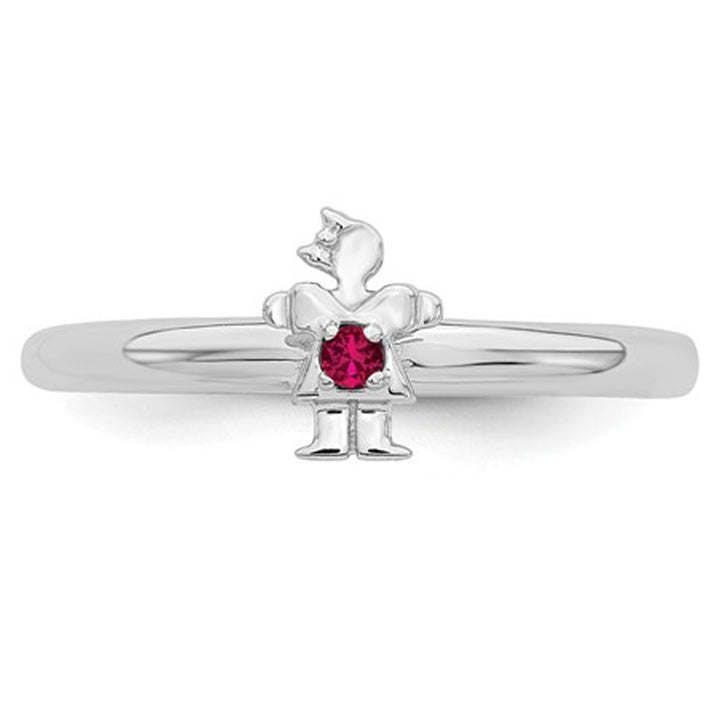 Sterling Silver Stackable Band Ring with Little Girl and Lab Created Ruby Accent Image 3