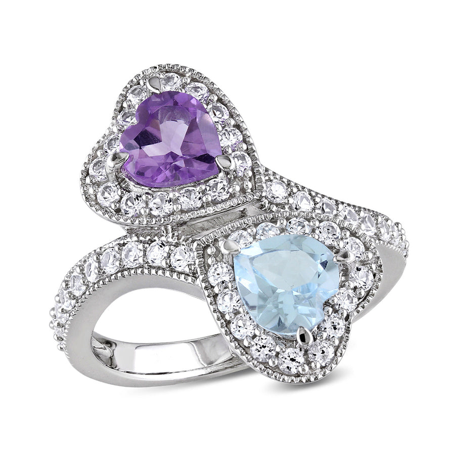 2.50 Carat (ctw) Blue Topaz and Amethyst Heart Promise Ring in Sterling Silver with Lab Created White Sapphires Image 1