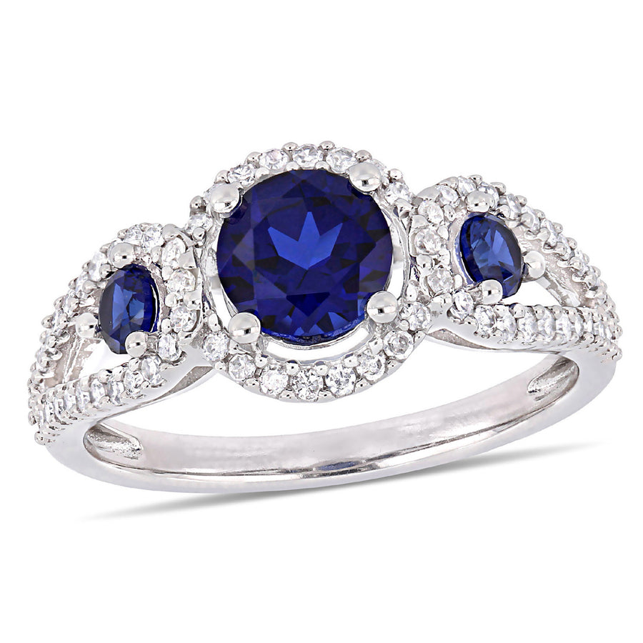 1.30 Carat (ctw) Lab Created Blue Sapphire Three Stone Ring in 10K White Gold with 1/3 Carat (ctw) Diamonds Image 1