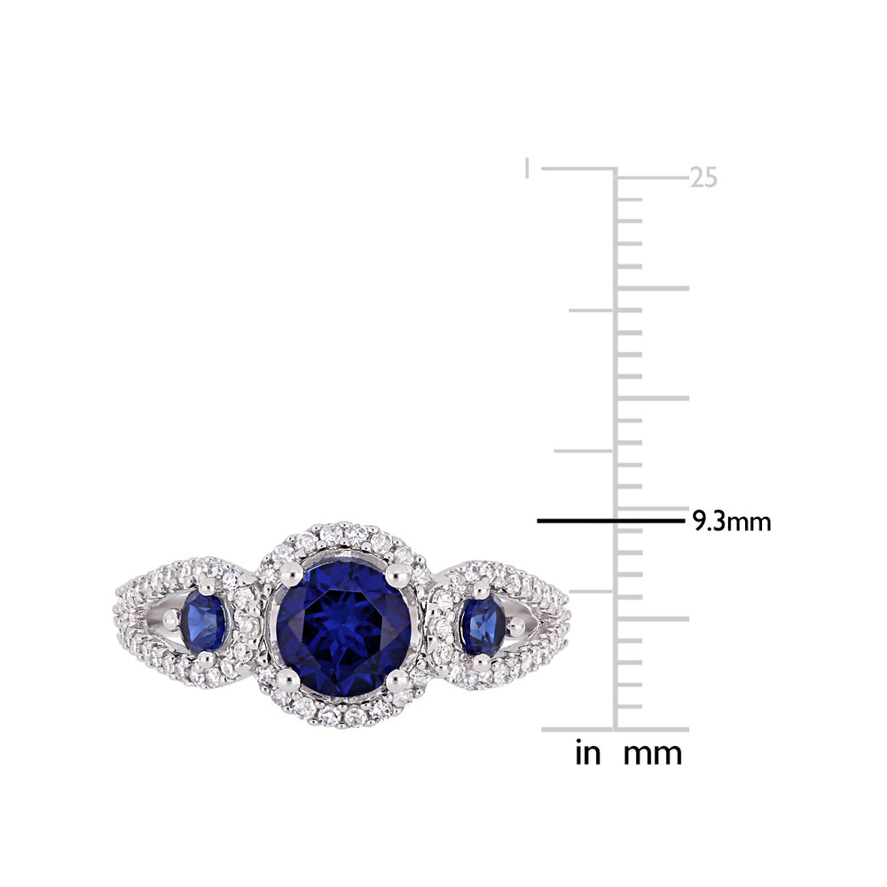 1.30 Carat (ctw) Lab Created Blue Sapphire Three Stone Ring in 10K White Gold with 1/3 Carat (ctw) Diamonds Image 2