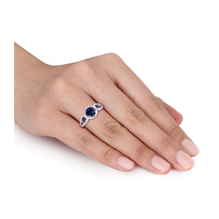 1.30 Carat (ctw) Lab Created Blue Sapphire Three Stone Ring in 10K White Gold with 1/3 Carat (ctw) Diamonds Image 3
