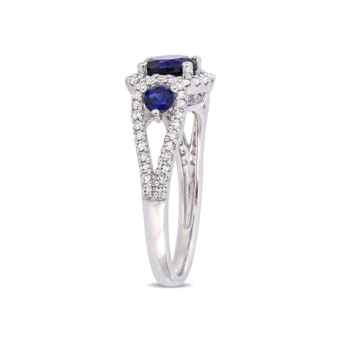 1.30 Carat (ctw) Lab Created Blue Sapphire Three Stone Ring in 10K White Gold with 1/3 Carat (ctw) Diamonds Image 4