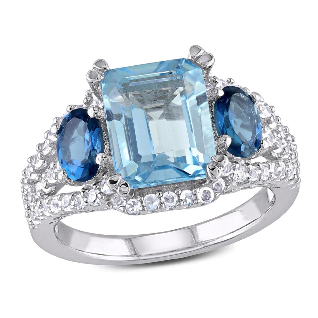 5.65 Carat (ctw) Blue Topaz Three Stone Ring in Sterling Silver Image 1
