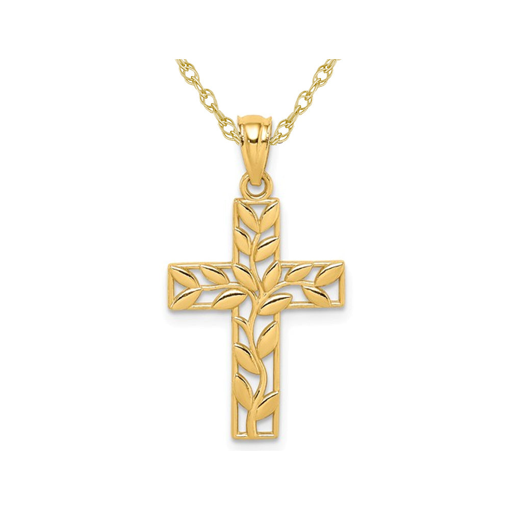 14K Yellow Gold Leaf Cross Pendant Necklace with Chain Image 1