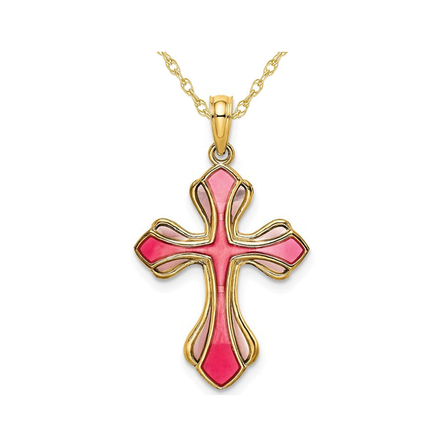 14K Yellow Gold Pink And Purple Stained Glass Cross Pendant Necklace with Chain Image 1