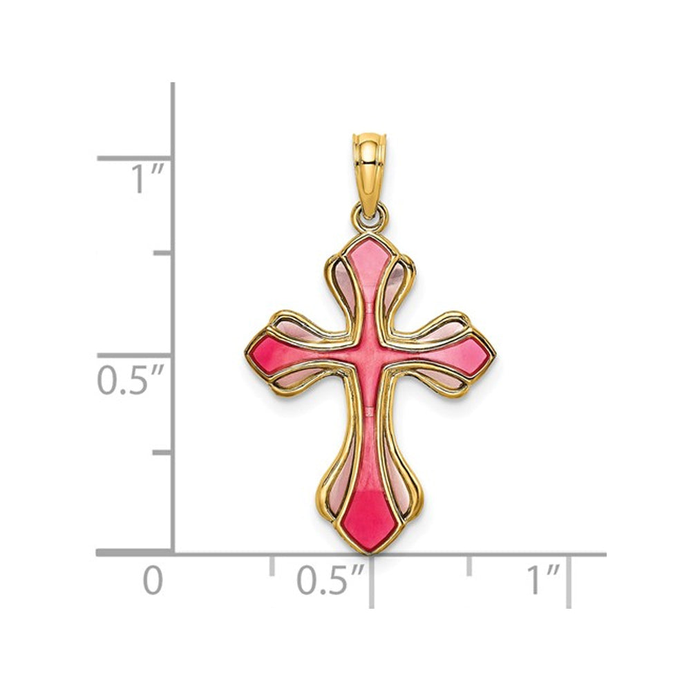 14K Yellow Gold Pink And Purple Stained Glass Cross Pendant Necklace with Chain Image 2