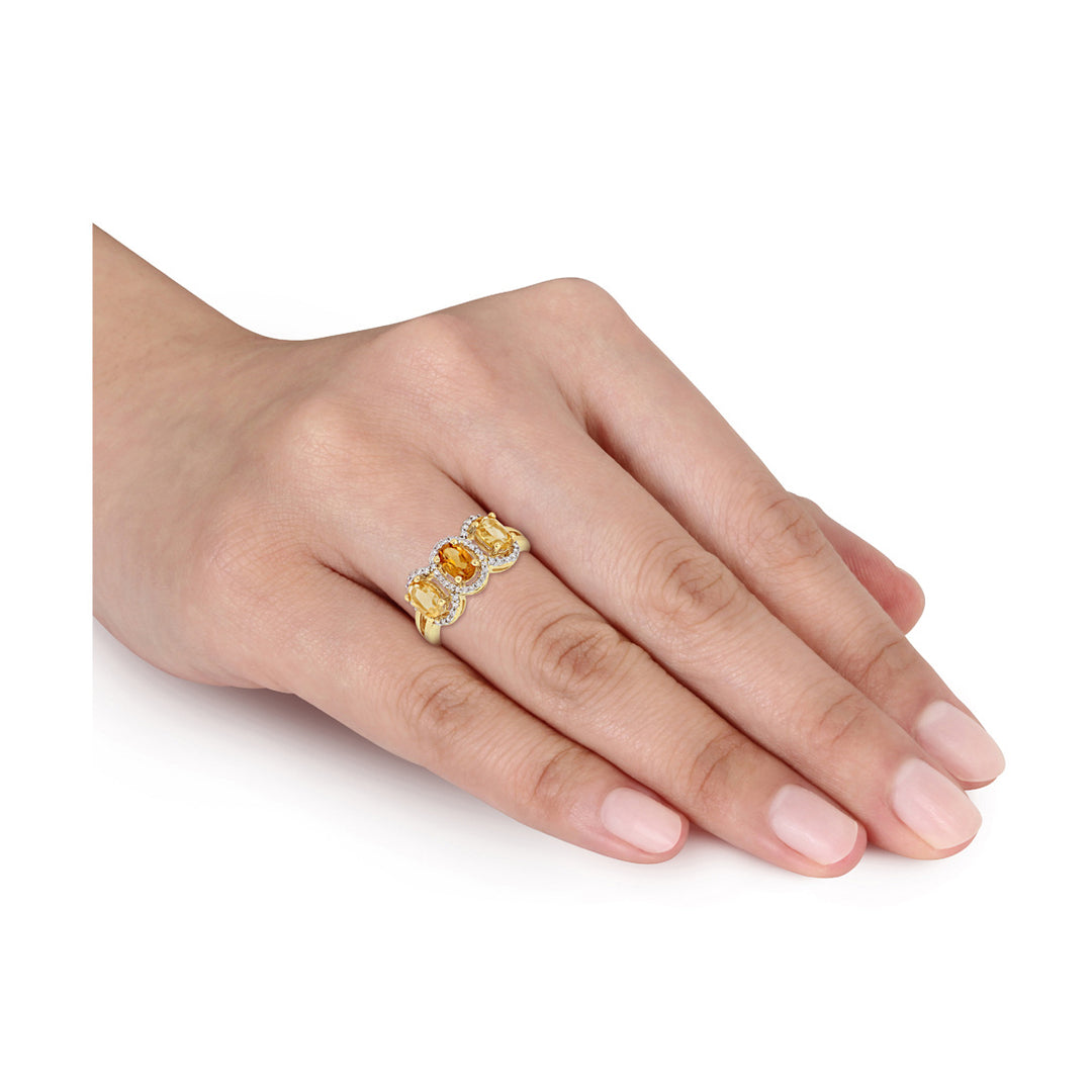1.35 Carat (ctw) Madeira Citrine Three Stone Ring with Diamonds 1/5 Carat (ctw) in Yellow Plated Sterling Silver Image 4