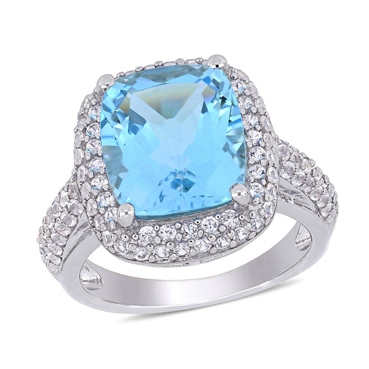 6.25 Carat (ctw) Cushion Cut Blue Topaz Ring with Lab Created White Topaz in Sterling Silver Image 1