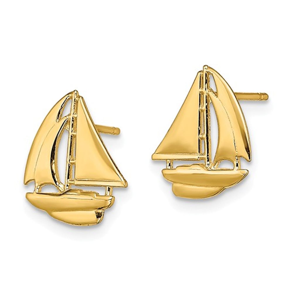 14K Yellow Gold Polished Sailboat Charm Earrings Image 3