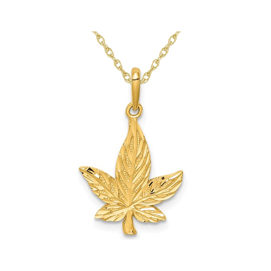 14K Yellow Gold Diamond-Cut Leaf Charm Pendant Necklace with Chain Image 1