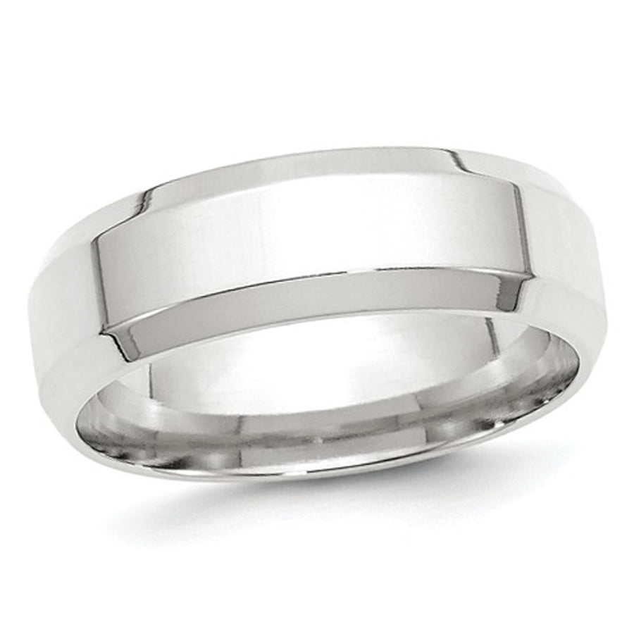 Mens 10K White Gold 7mm Comfort Fit Wedding Band Ring with Bevel Edge Image 1