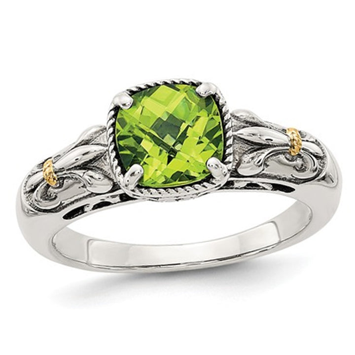 Natural Cushion Cut Peridot 1.50 Carat (ctw) Ring in Sterling Silver with 14K Gold Accent Image 1