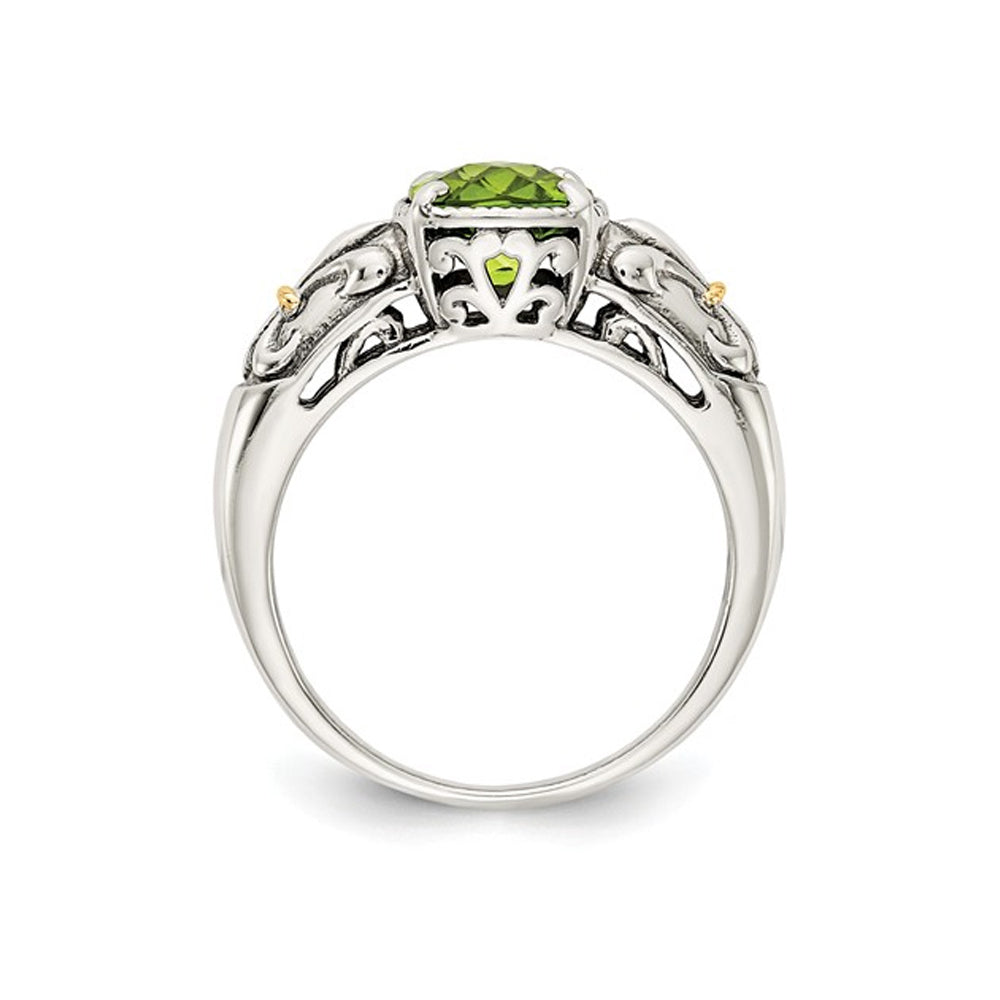 Natural Cushion Cut Peridot 1.50 Carat (ctw) Ring in Sterling Silver with 14K Gold Accent Image 2