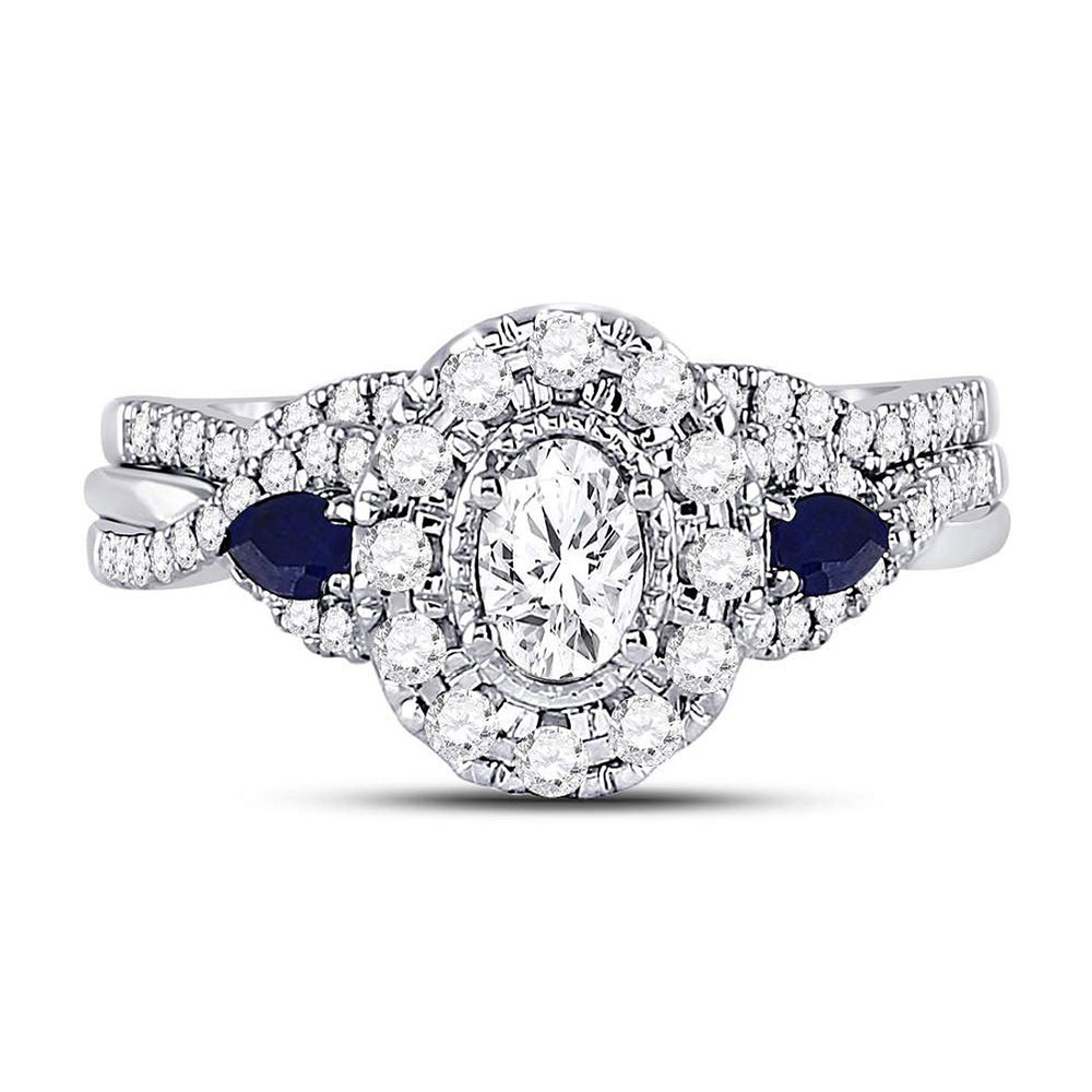 4/5 Carat (ctw G-HI1-I2) Diamond Engagement Ring and Wedding Band Set in 14K White Gold with Blue Sapphires Image 2