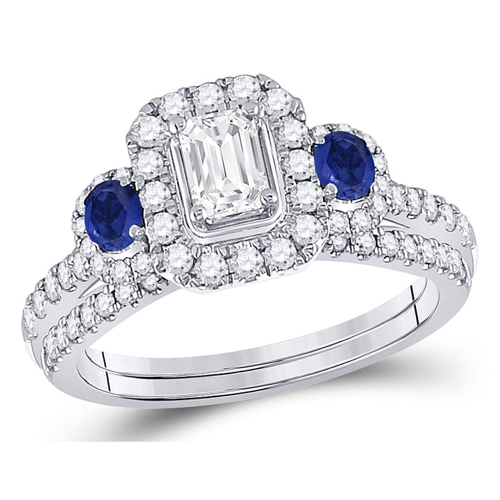 4/5 Carat (ctw G-HI1-I2) Emerald-Cut Diamond Engagement Ring and Wedding Band Set in 14K White Gold with Blue Sapphires Image 1