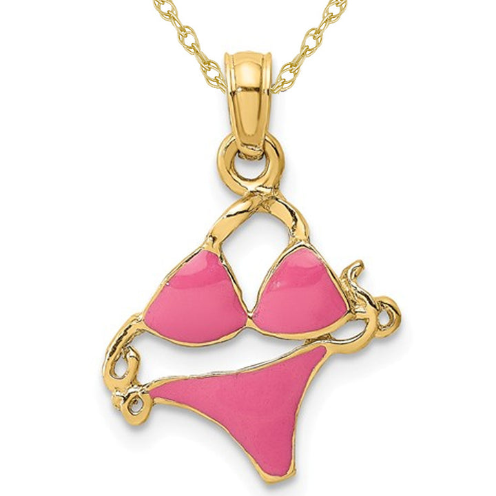 14K Yellow Gold Pink Enameled Bikini Bathing Suit Charm Pendant Necklace with Chain Image 1