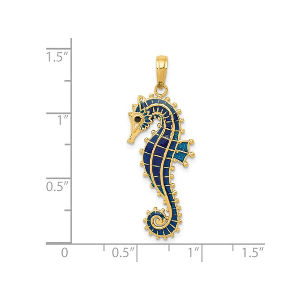 14K Yellow Gold 3-D Blue Enameled Seahorse Charm Pendant Necklace with Chain Image 2