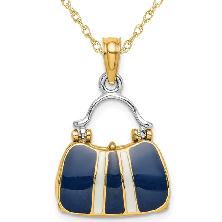 14K Yellow Gold 3-D Navy Blue Enameled Handbag Moveable Charm Pendant Necklace with Chain Image 1