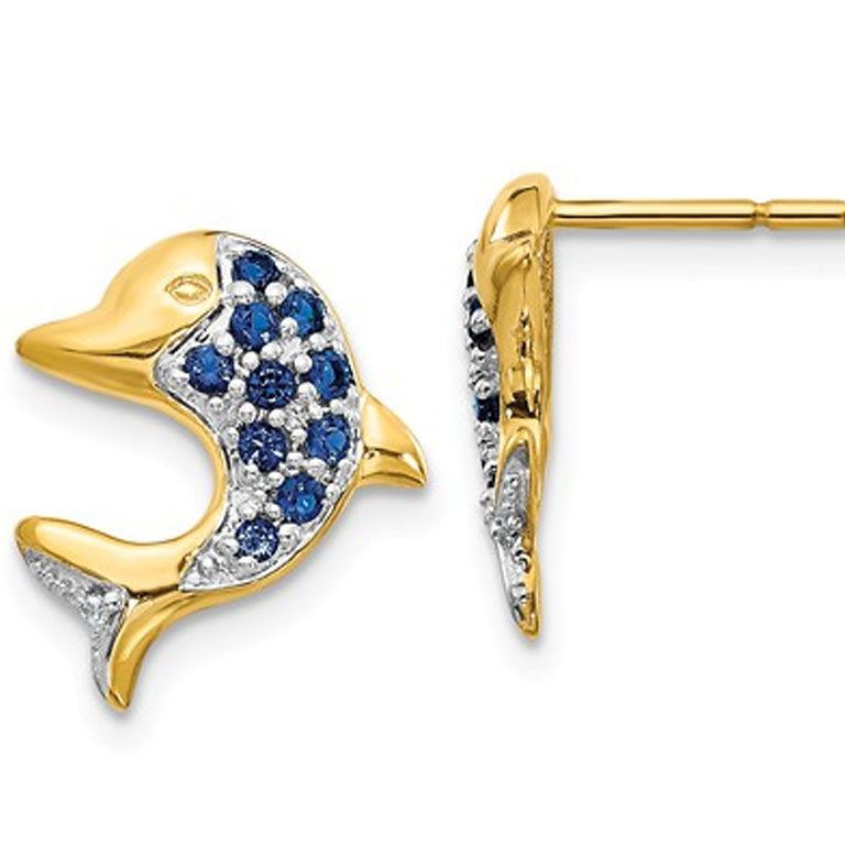 1/4 Carat (ctw) Natural Blue Sapphire Dolphin Charm Earrings in 14K Yellow Gold Image 1