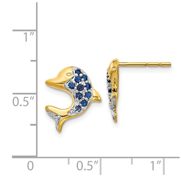 1/4 Carat (ctw) Natural Blue Sapphire Dolphin Charm Earrings in 14K Yellow Gold Image 2