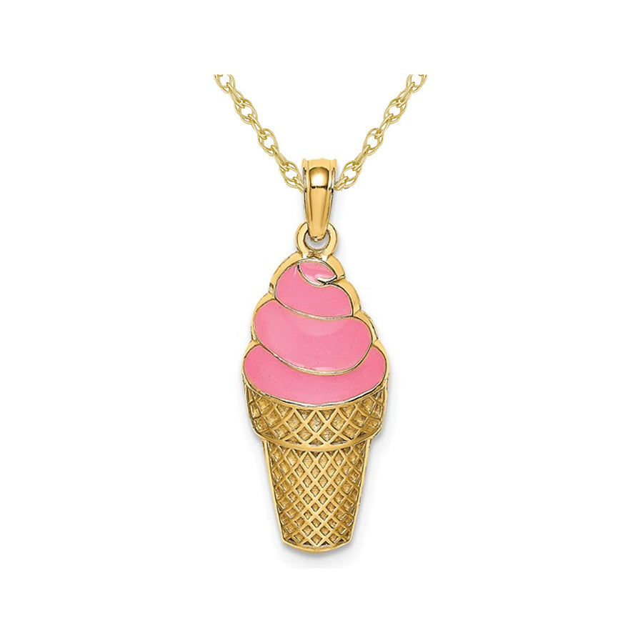 14K Yellow Gold Strawberry Ice Cream Cone Charm Pendant Necklace with Chain Image 1