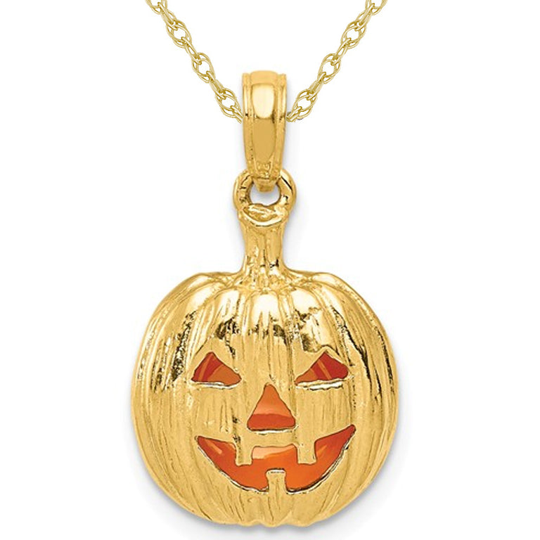 14K Yellow Gold Halloween Pumpkin Charm Pendant Necklace with Chain Image 1