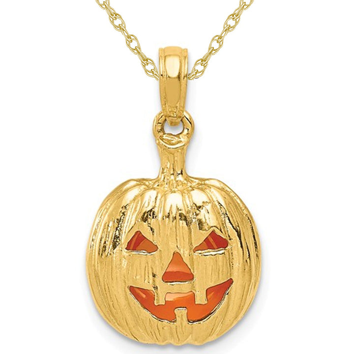 14K Yellow Gold Halloween Pumpkin Charm Pendant Necklace with Chain Image 1