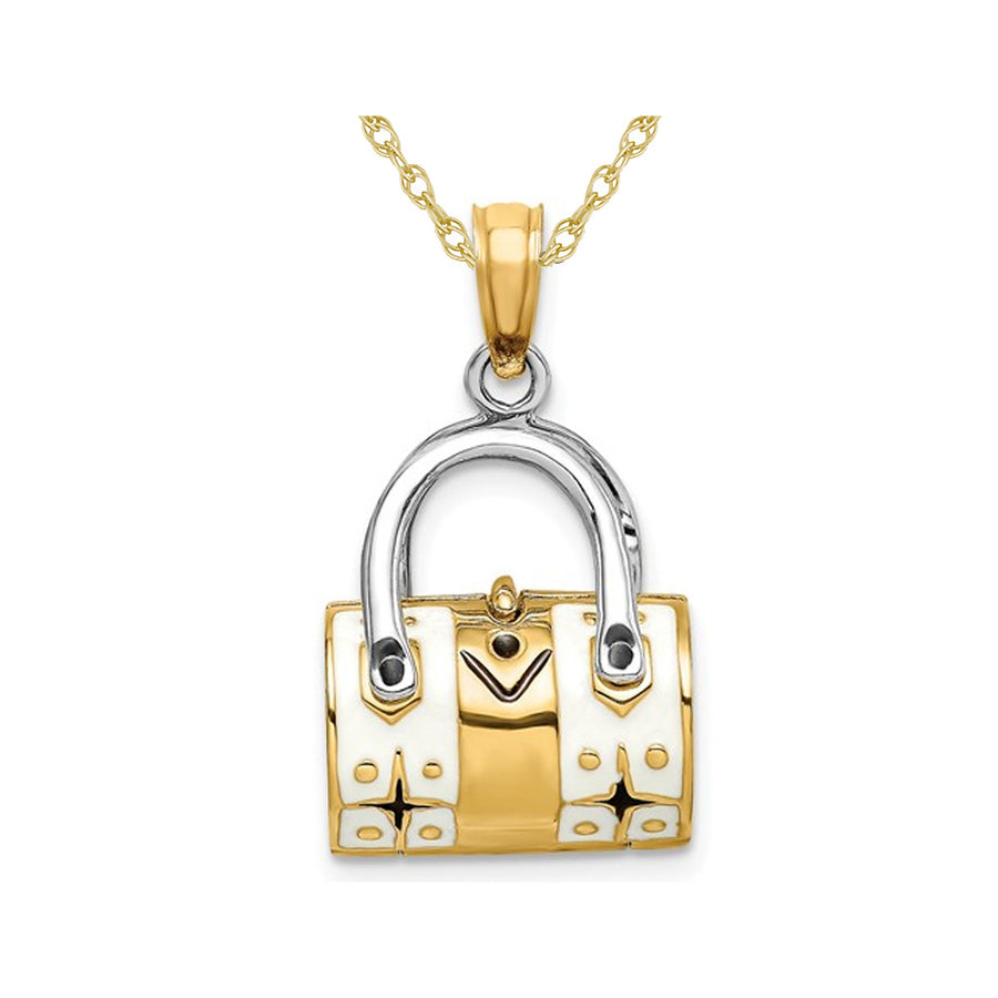 14K Yellow Gold 3-D White Enameled Handbag Moveable Charm Pendant Necklace with Chain Image 1