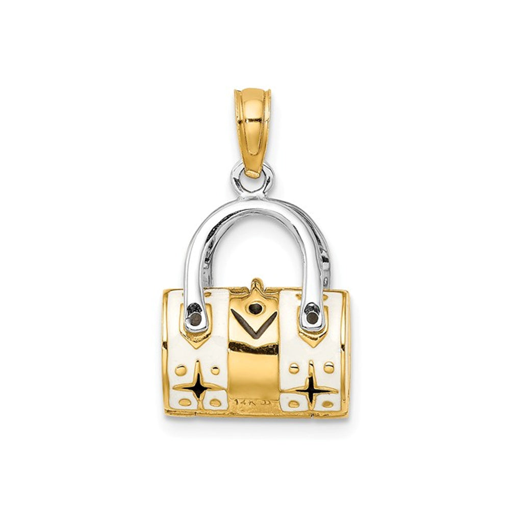 14K Yellow Gold 3-D White Enameled Handbag Moveable Charm Pendant Necklace with Chain Image 3