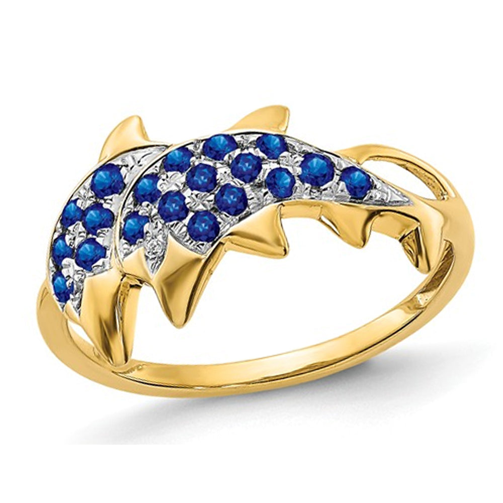 1/3 Carat (ctw) Blue Sapphire Dolphin Ring in 14K Yellow Gold Image 1