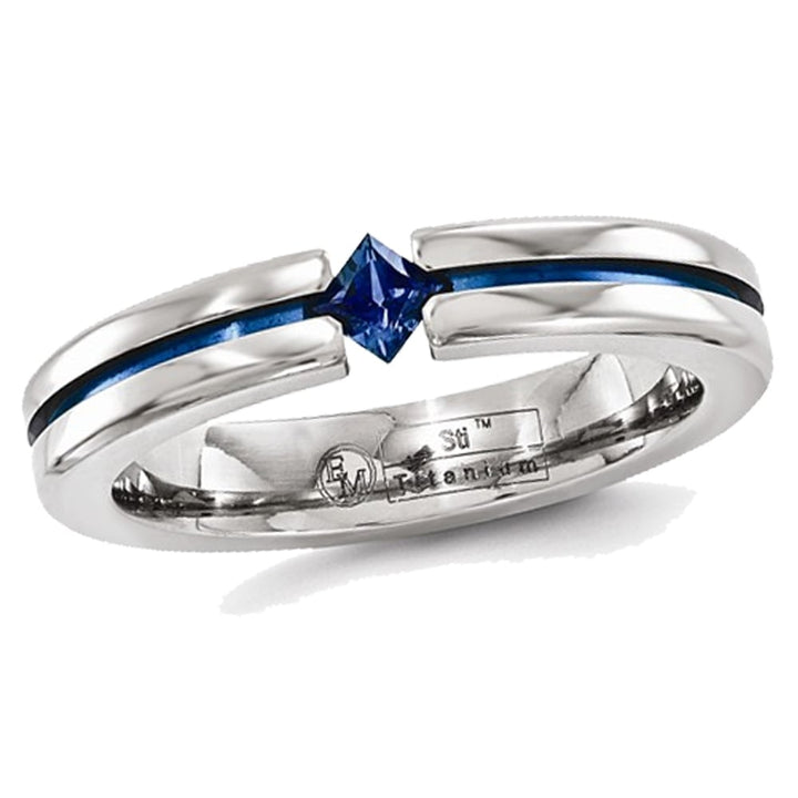 Mens 1/5 Carat (ctw) Natural Blue Sapphire Band Ring in Titanium Image 1