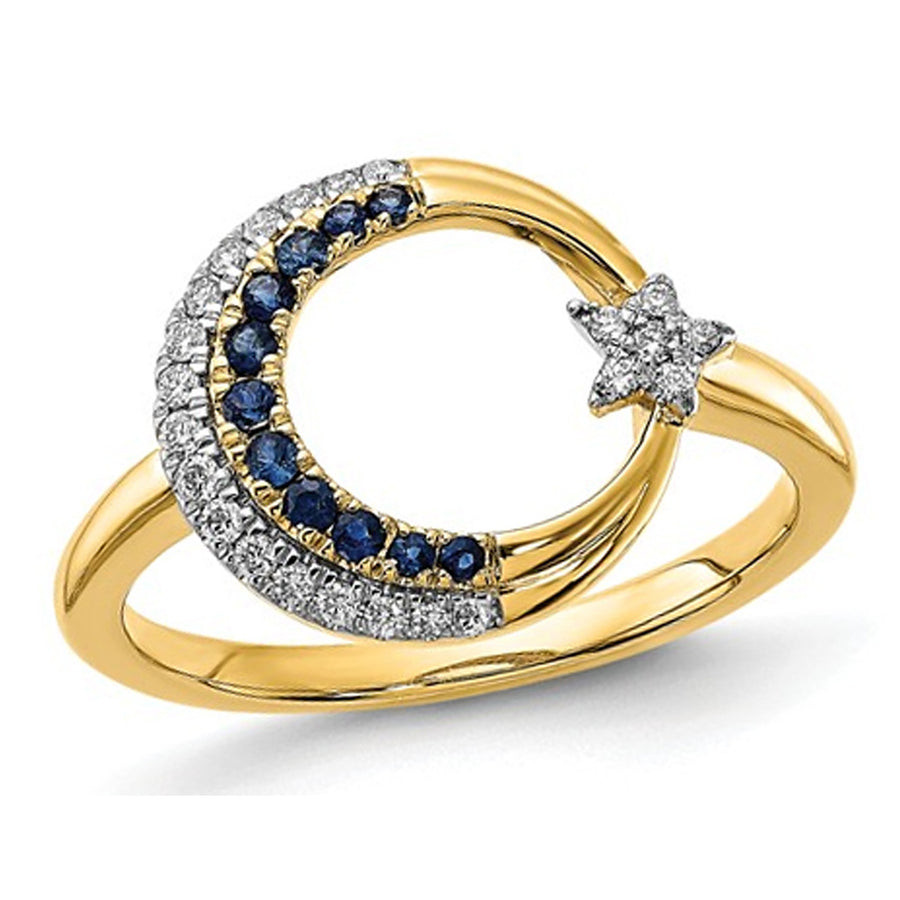 1/8 Carat (ctw) Natural Blue Sapphire Star Moon Ring in 14K Yellow Gold with Accent Diamonds Image 1