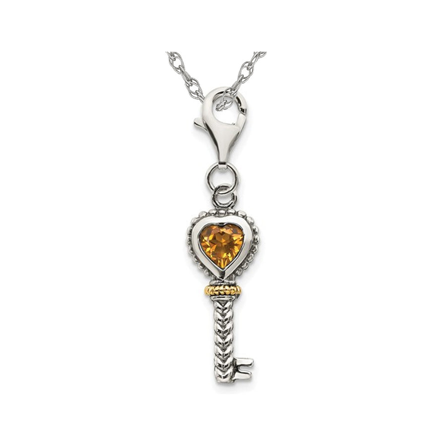 1/3 Carat (ctw) Natural Citrine Key Heart Pendant Necklace in Sterling Silver with Chain Image 1