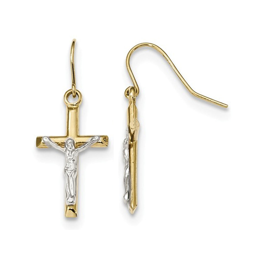 10K White and Yellow Gold Polished Cross Dangle Earrings Image 1