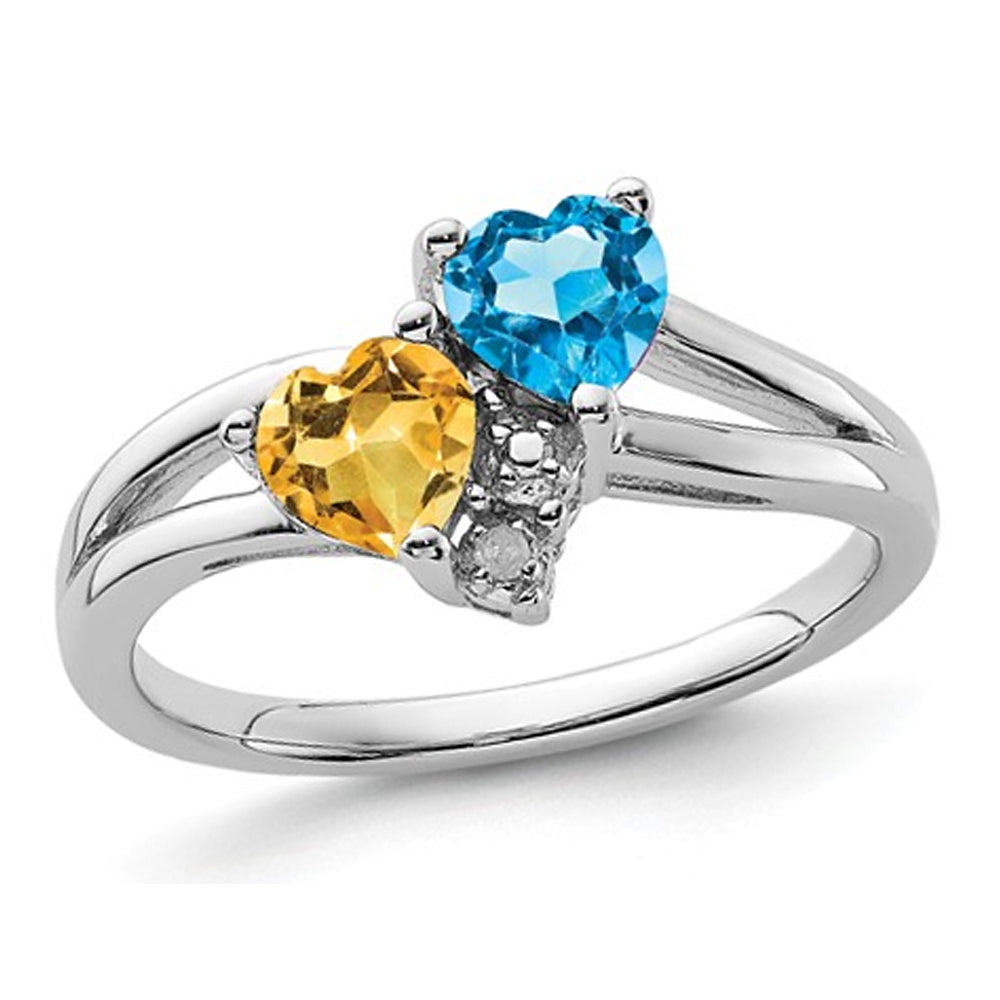1.00 Carat (ctw) Citrine and Blue Topaz Heart Ring in Sterling Silver Image 1