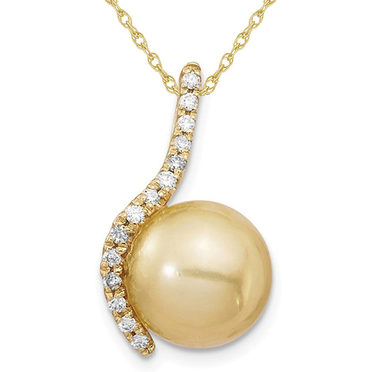 10-11mm Saltwater Cultured South-Sea Pearl Pendant Necklace in 14K Yellow Gold with Diamonds 1/8 Carat (ctw) and Chain Image 1
