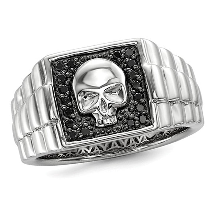 Mens Black Diamond 1/5 Carat (ctw) Polished Skull Ring in Sterling Silver Image 1