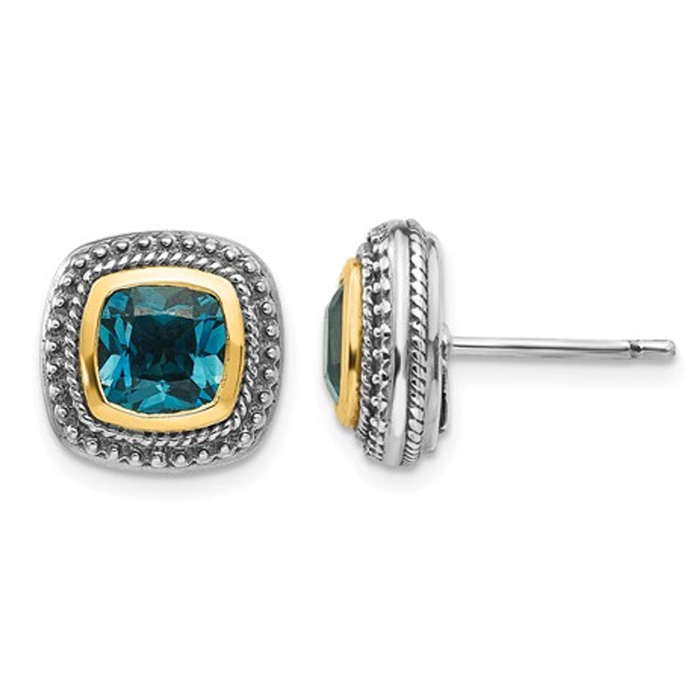 2.60 Carat (ctw) London Blue Topaz Button Earrings in Sterling Silver with 14K Gold Accent Image 1