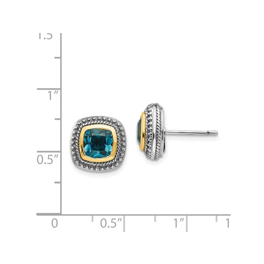 2.60 Carat (ctw) London Blue Topaz Button Earrings in Sterling Silver with 14K Gold Accent Image 2