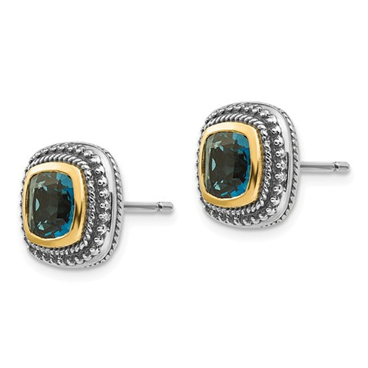 2.60 Carat (ctw) London Blue Topaz Button Earrings in Sterling Silver with 14K Gold Accent Image 3