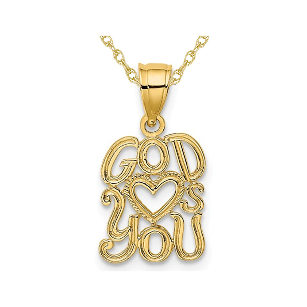 14K Yellow Gold God Loves (Heart ) You Charm Pendant Necklace with Chain Image 1