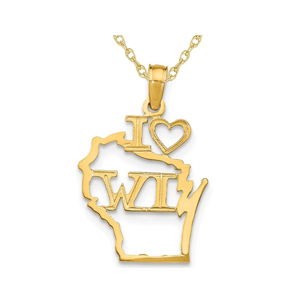 14K Yellow Gold Solid Wisconsin State Charm Pendant Necklace with Chain Image 1