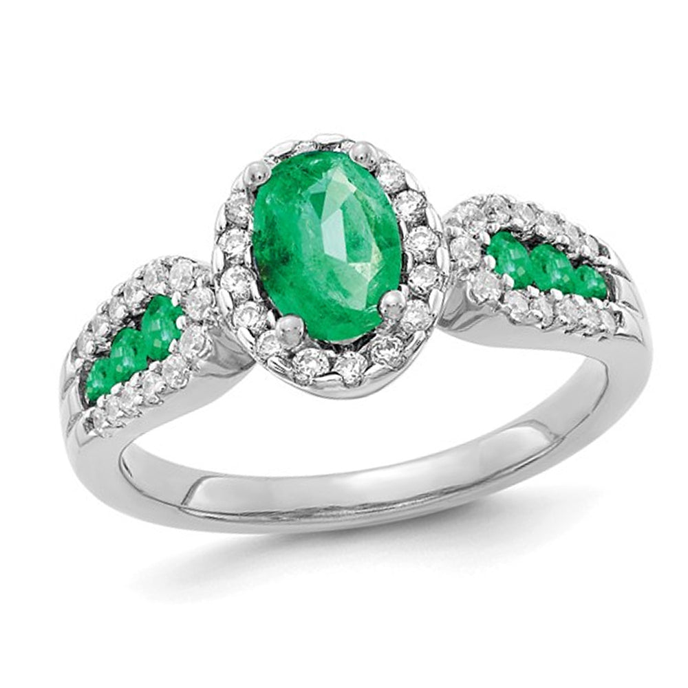 1.00 Carat (ctw) Natural Emerald Ring in 14K White Gold with Diamonds Image 1