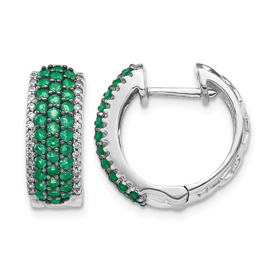 1.35 Carat (ctw) Natural Green Emerald Hoop Earrings in 14K White Gold with Diamonds 1/4 Carat (ctw) Image 1