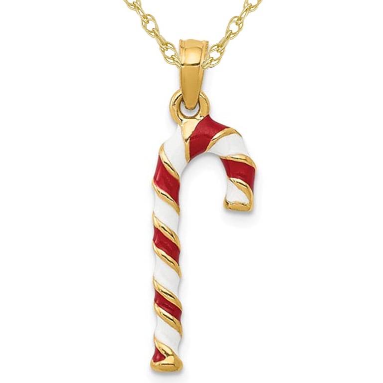 14K Yellow Gold Candy Cane Charm Pendant Necklace with Chain Image 1