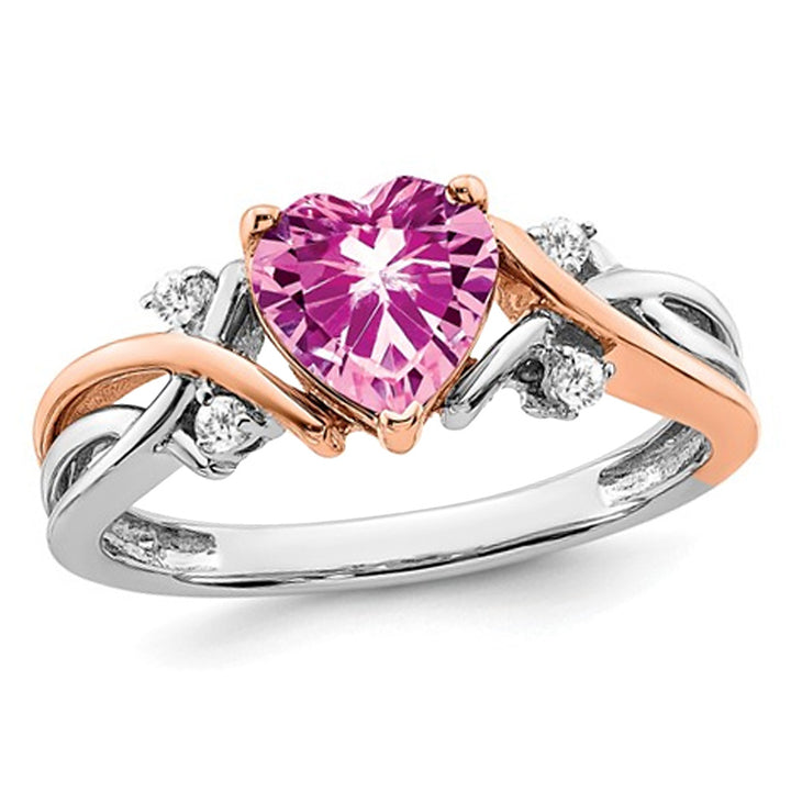 1.12 Carat (ctw) Lab-Created Pink Sapphire Heart Ring in 14K White and Yellow Gold with Diamonds Image 1