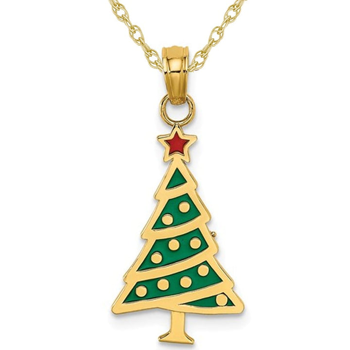 14K Yellow Gold Christmas Tree Charm Pendant Necklace with Chain Image 1