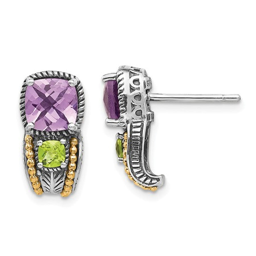 2.00 Carat (ctw) Natural Amethyst and Peridot Post Earrings in Sterling Silver Image 1