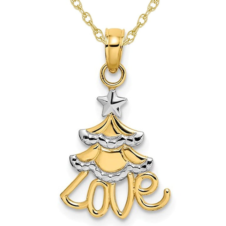 14K Yellow Gold Christmas Tree LOVE Charm Pendant Necklace with Chain Image 1