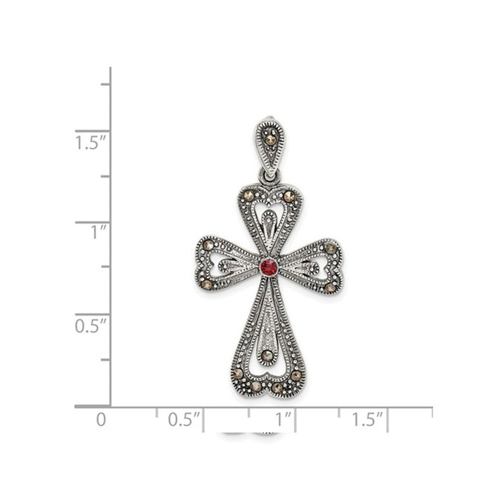 Sterling Silver Antiqued Marcasite And Garnet Cross Pendant Necklace with Chain Image 3